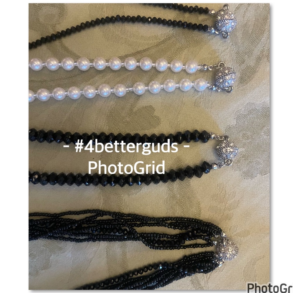 Bundle Set 4 Homemade Black Crystals & Pearl Rhinestone Magnetic Clasp Necklaces - Picture 8 of 15